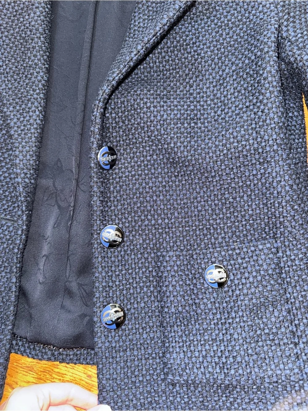 CHANEL Navy Textured Tweed Blazer Jacket CC Logo Buttons FR 38 US 6
